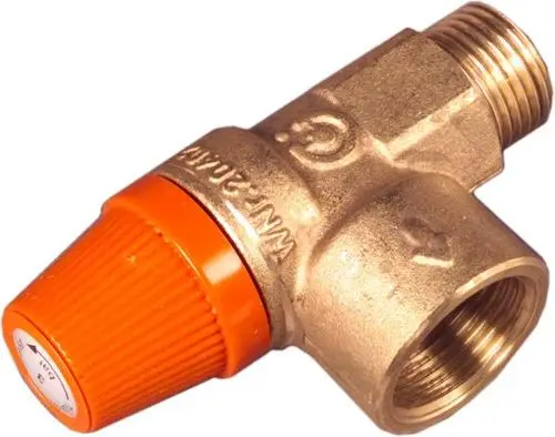 Sicherheitsventil mit orangefarbenem Drehknopf und Gewinde, aus Metall, mit der Aufschrift Bosch, zur Nutzung in Drucksystemen.